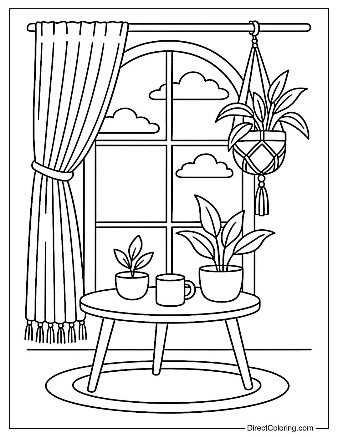 Boho style window coloring page: sheer curtains, hanging plants, floating clouds - August light shines on the small tea table